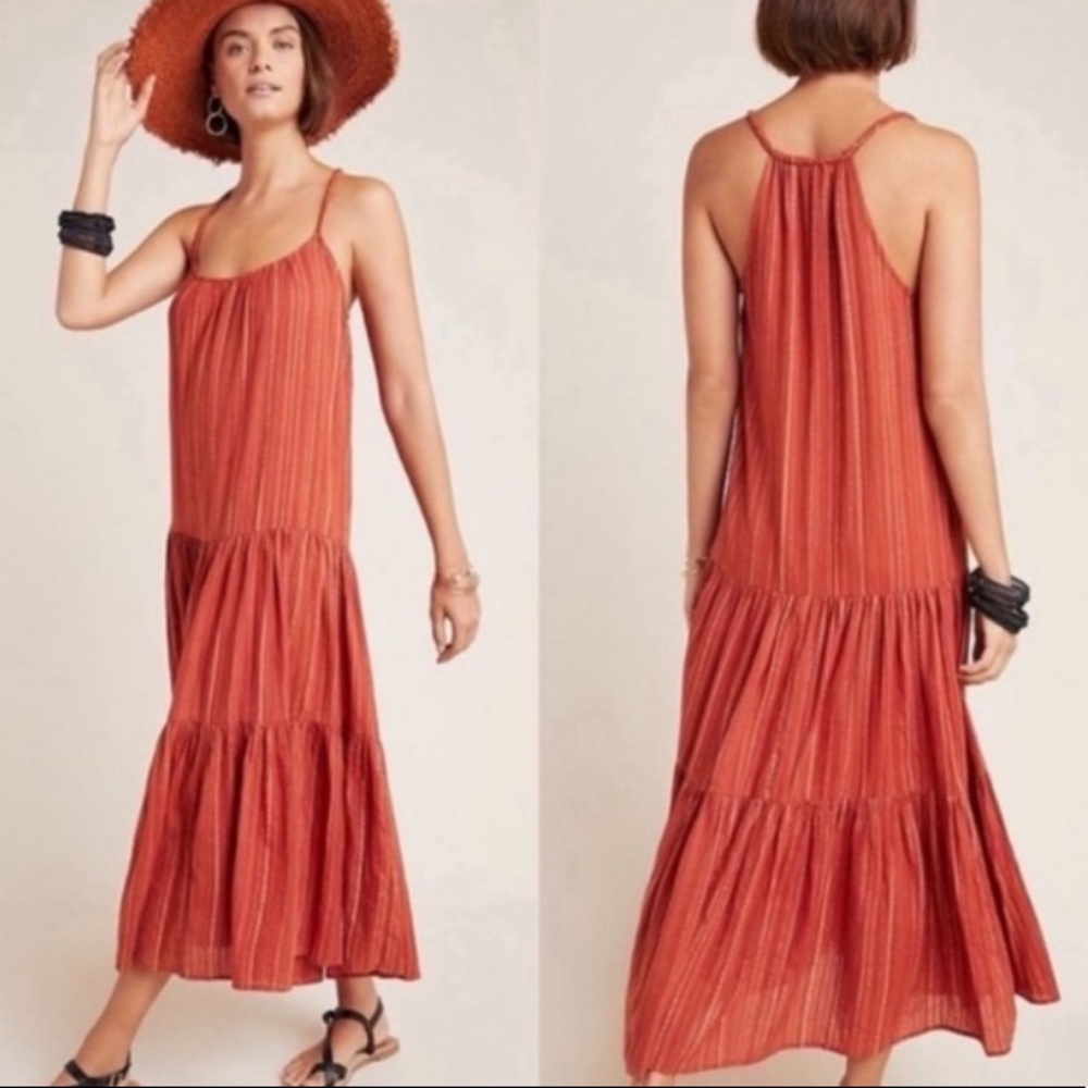 Frye x Anthropologie Collab Alyssa Tiered Boho Maxi Festival Dress Burnt Orange